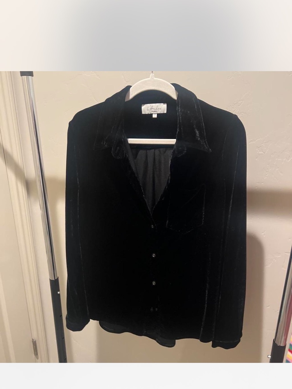L'Academie Black Velvet Button-Down Shirt